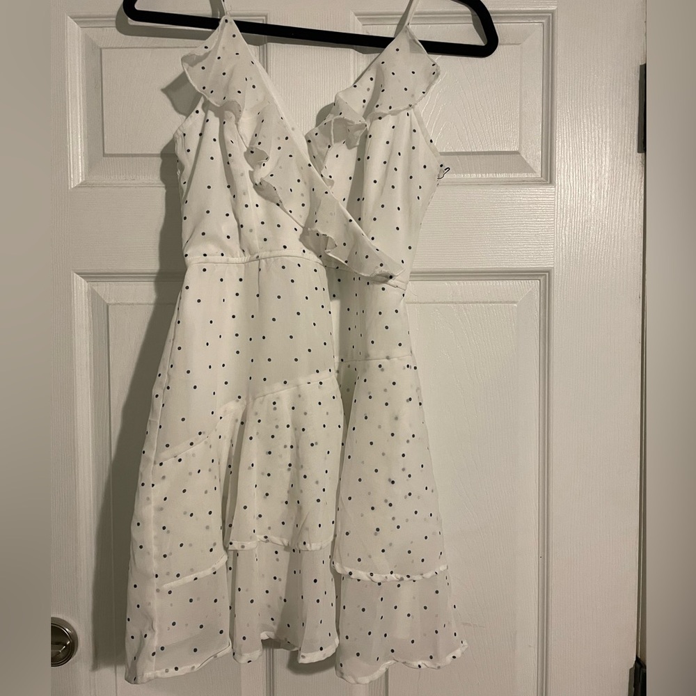 White and navy polka dot dress